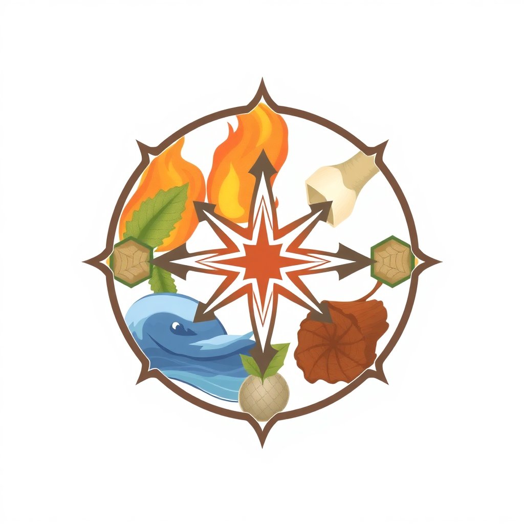Stylized artistic illustration of a Chinese pentagram with natural elements representing fire, earth, metal, water, and wood. Minimalist and clean style, soft pastel colors, white background, high quality digital art.