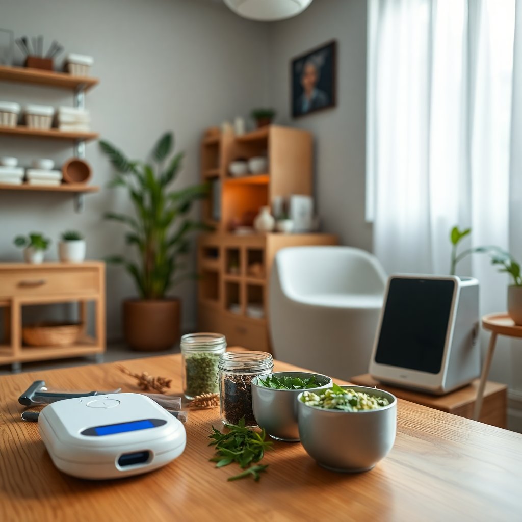 Close-up photo of a professional and clean holistic clinic environment, focusing on a wooden table with herbal preparations and a modern diagnostic device. Warm and welcoming atmosphere, soft natural lighting, high quality photography.